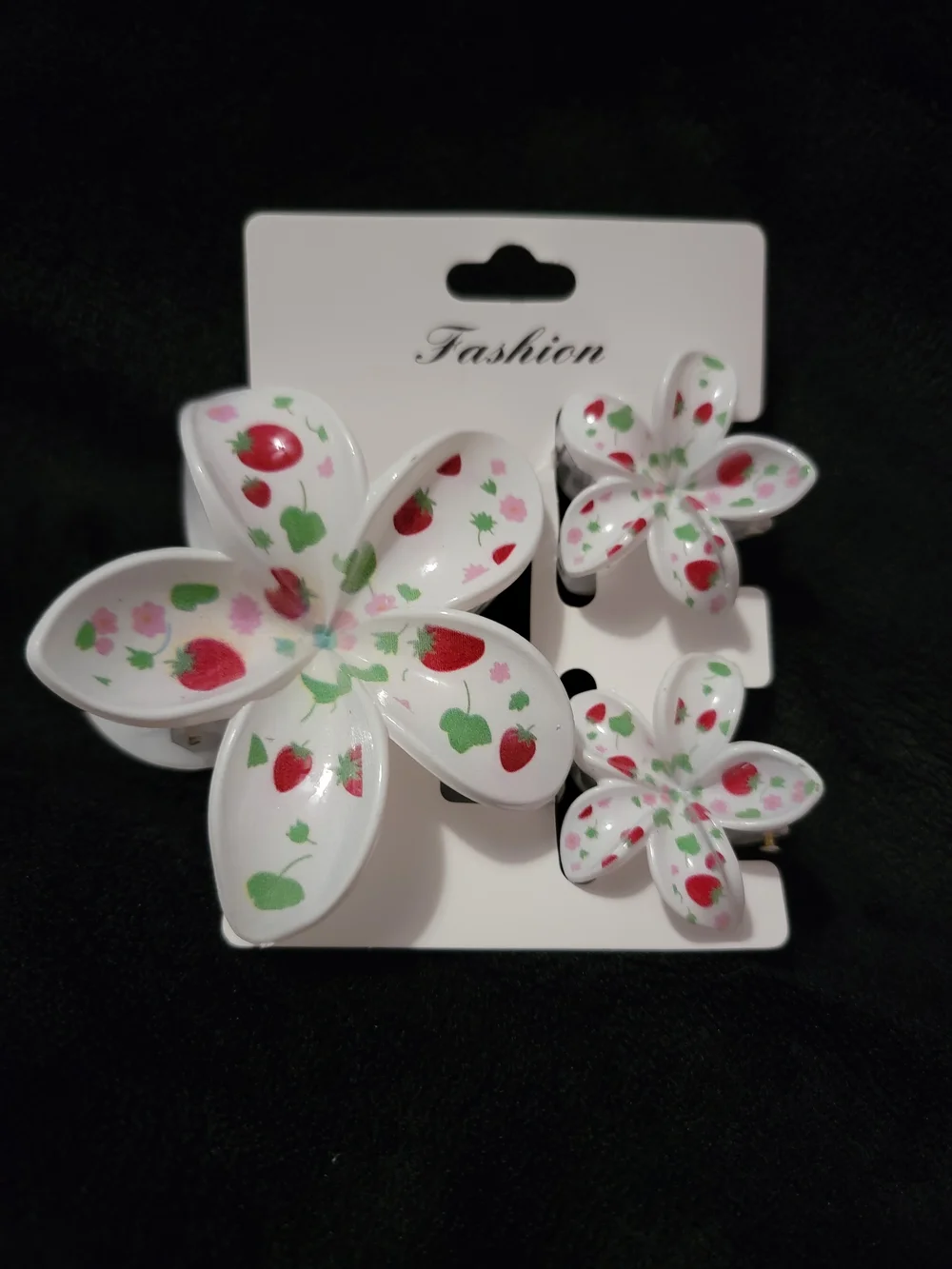 White Floral Strawberry Hair Clips Set - 3 Pack